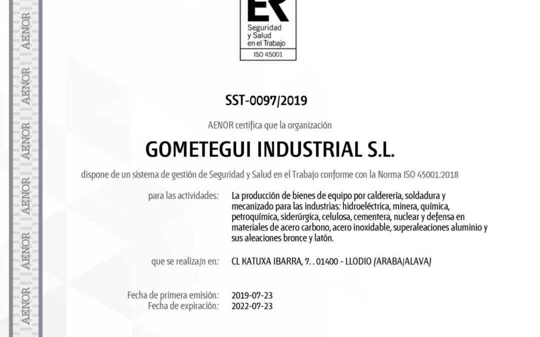 GOMETEGUI OBTIENE EL CERTIFICADO AENOR ISO 45001