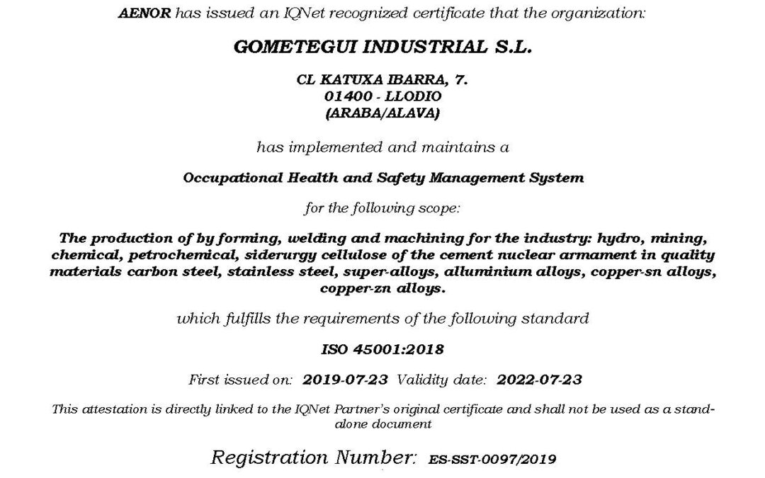 GOMETEGUI INDUSTRIAL ACHIEVED THE AENOR ISO 45001 Certificate