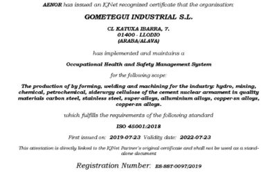 GOMETEGUI INDUSTRIAL ACHIEVED THE AENOR ISO 45001 Certificate